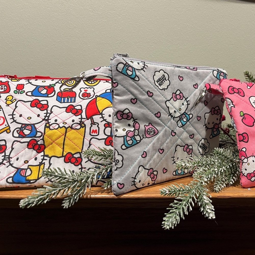 Handmade Hello Kitty quilted lined zip pouches, pick your design